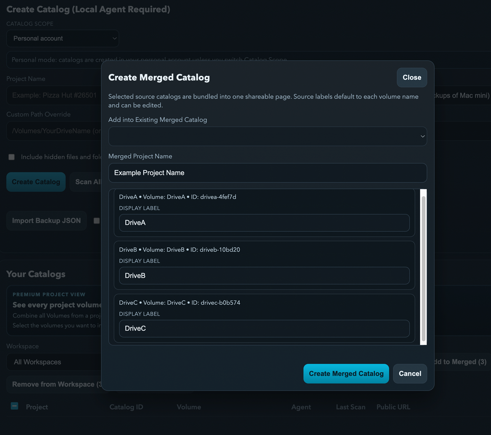 Cloud Tree admin dashboard with merged catalog creation controls.